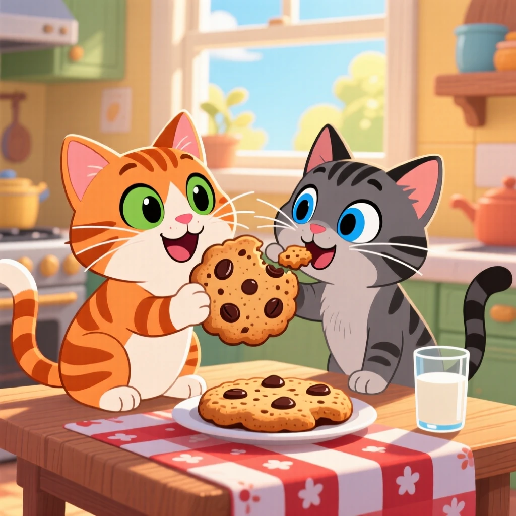 A tabby kitten sharing a cookie with a friend.
