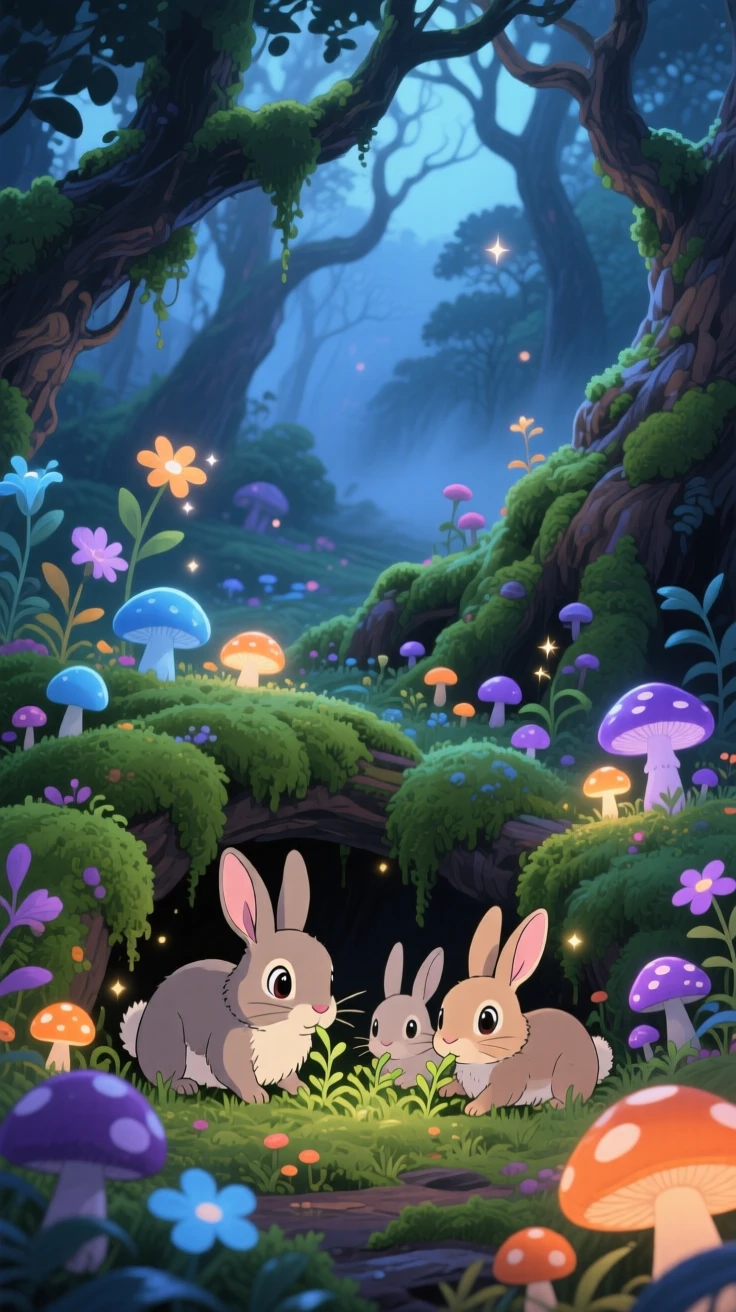 A moss-covered grove filled with softly glowing mushrooms, a family of rabbits nibbling at the undergrowth, creating a scene of quiet natural magic.