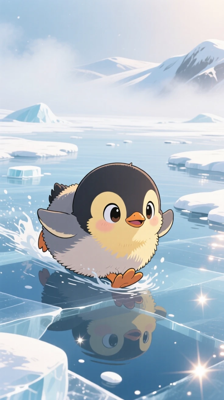 A baby penguin chick sliding belly-first across the ice, framed as an over-the-shoulder view within a snowy polar landscape, on a misty foggy morning, glowing under shimmering reflected light off water, evoking playful mischief.