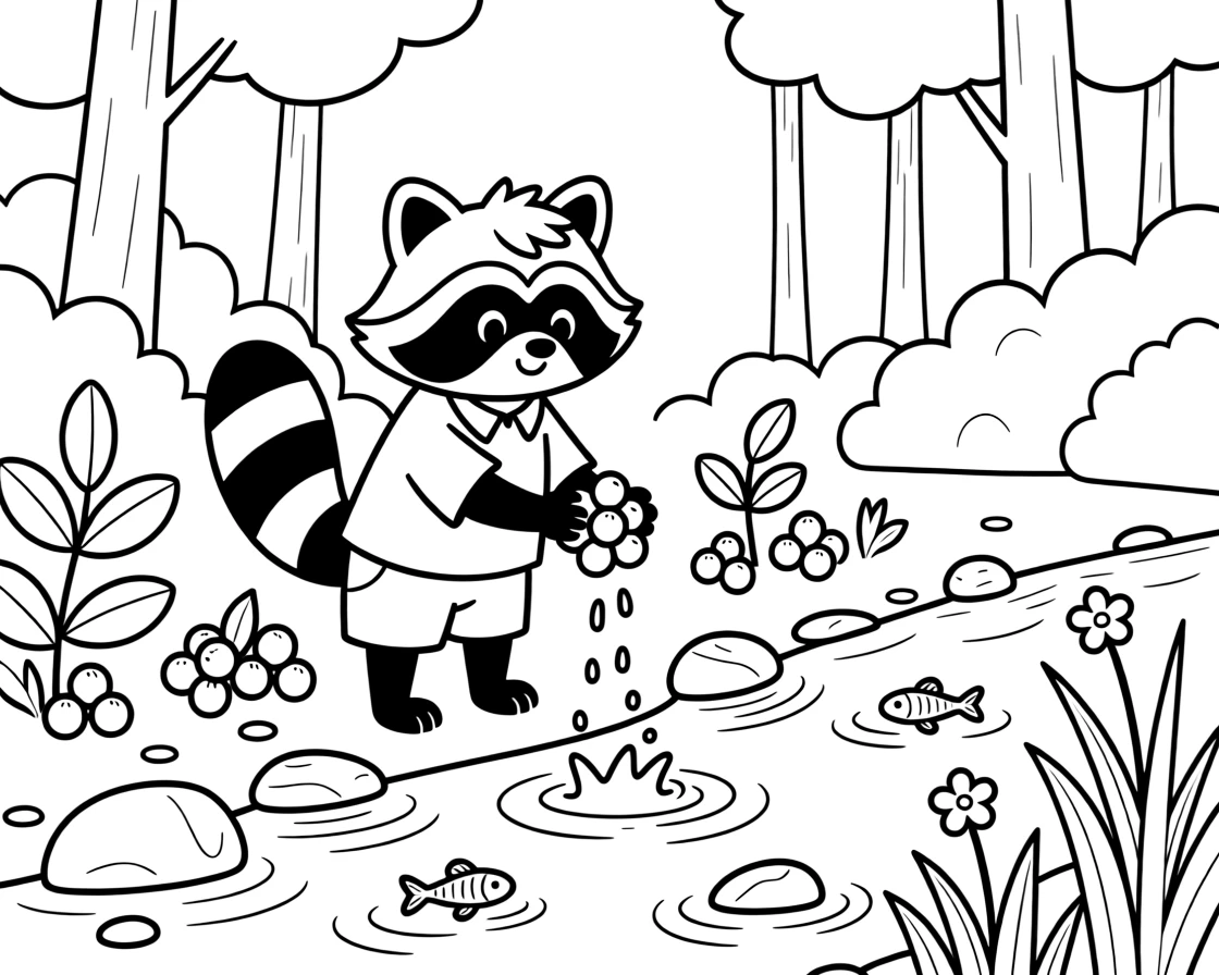 A raccoon washing berries by a babbling forest stream