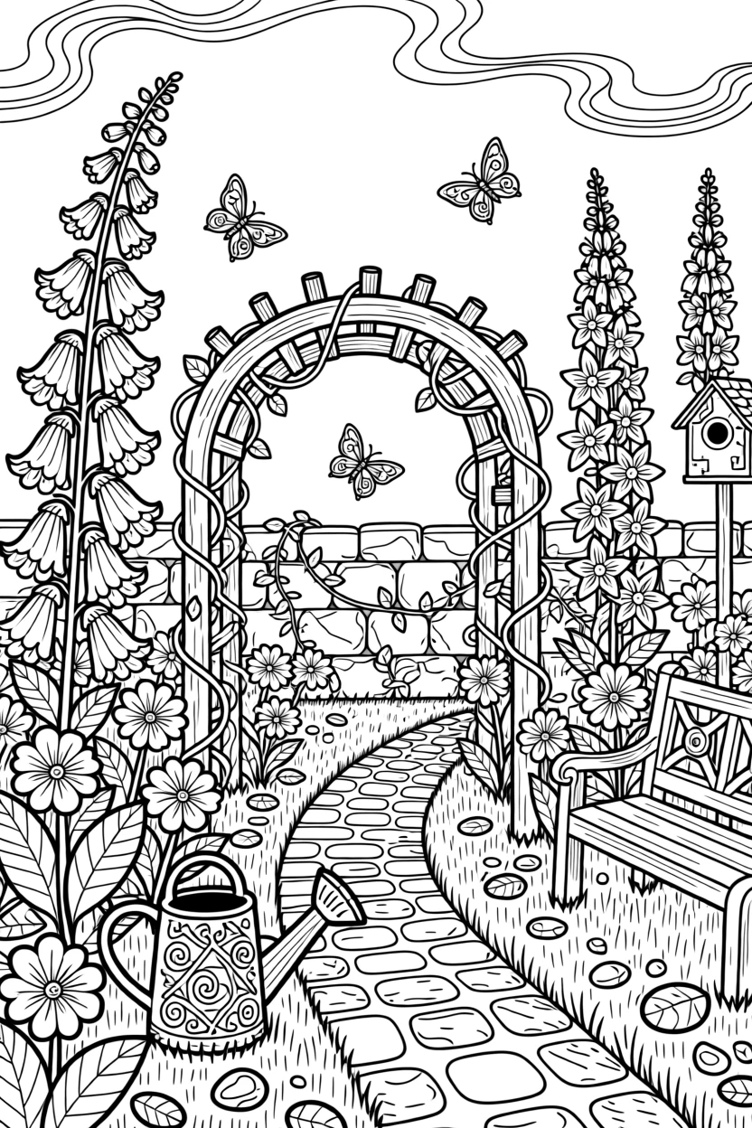 A cottage garden overflowing with foxgloves, delphiniums, and climbing sweet peas.