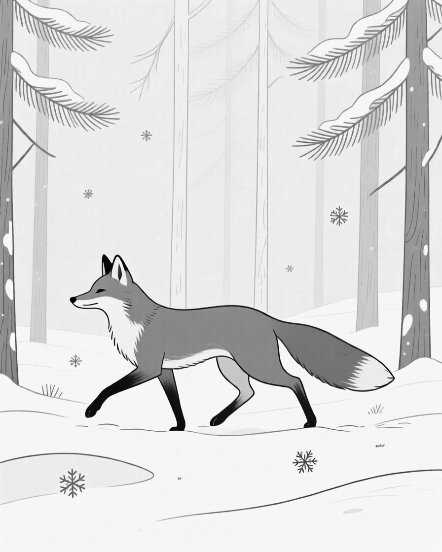 A red fox trotting through a snowy pine forest