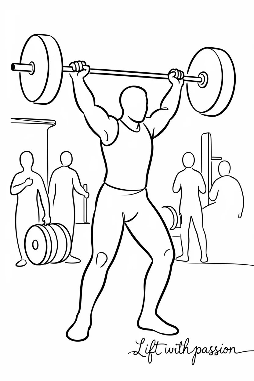 A weightlifter mid-lift inside a busy gym