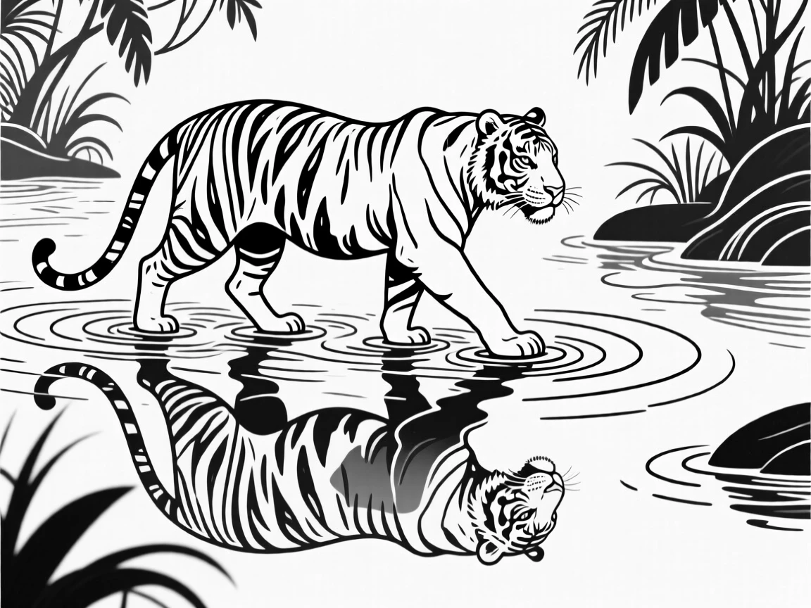 A tiger wading through a jungle stream, its reflection rippling in the water.