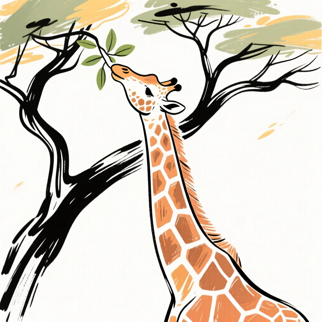 A giraffe reaching up to nibble leaves from the top of an acacia tree.