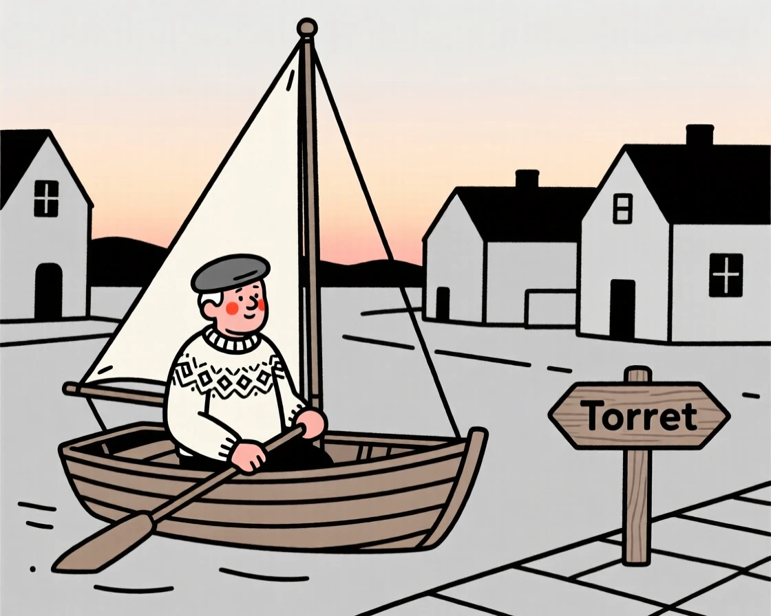 A grandfather of Norwegian heritage sailing a small boat at dusk, on a village square at dusk.