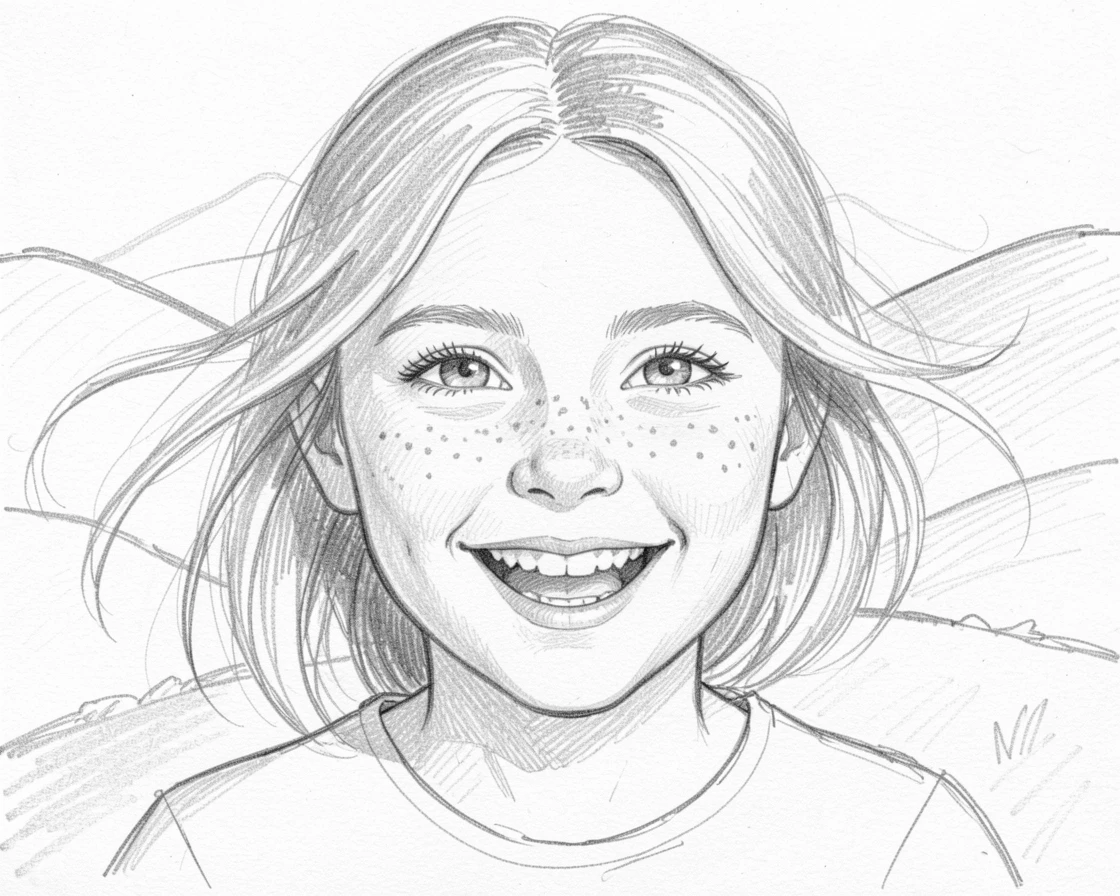 Close-up portrait of a joyful little girl with freckles against a backdrop of rolling hills, with wind gently tousling their hair.