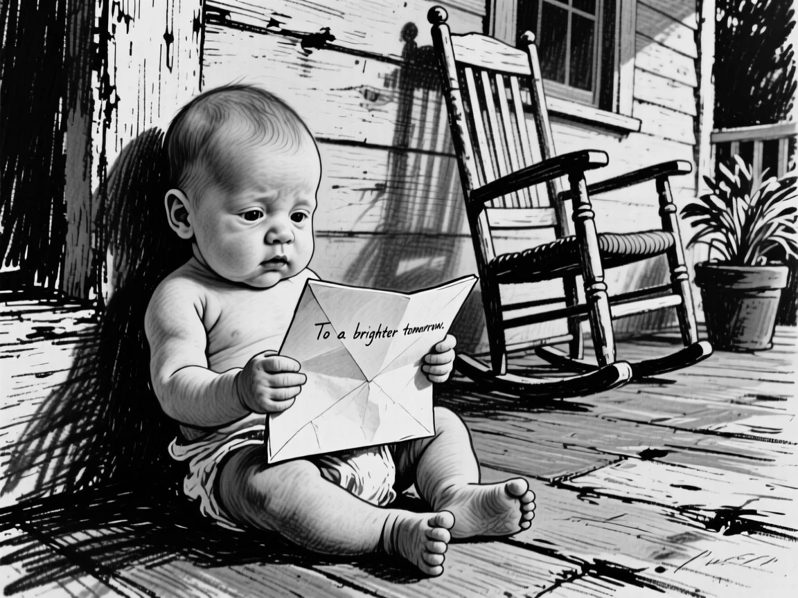 A newborn baby reading a letter with a mixture of hope and longing, on a rustic farmhouse porch.