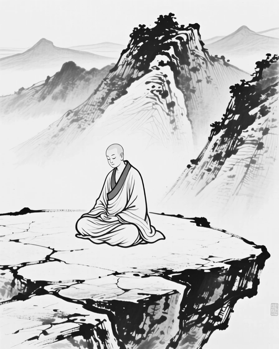 A monk sitting cross-legged in quiet meditation on a stone terrace overlooking distant mountains.