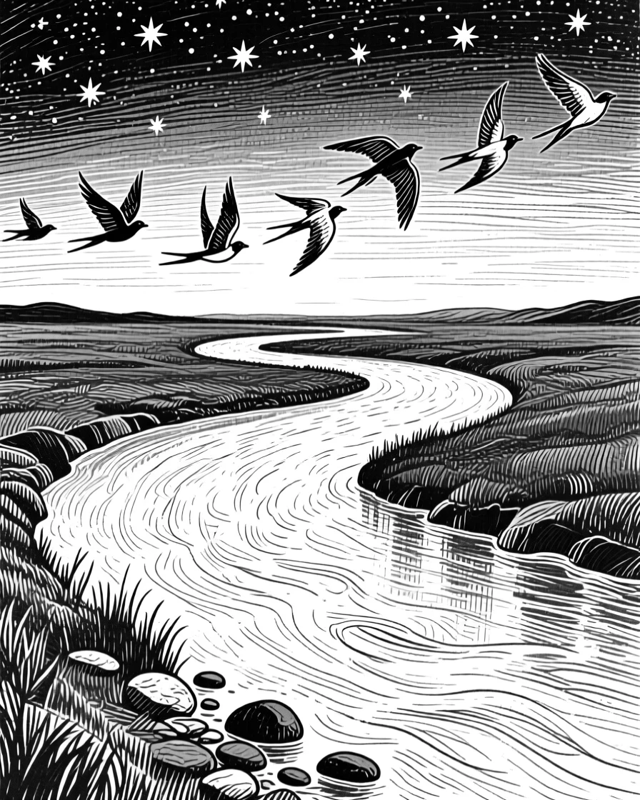 A winding river beneath a canopy of stars beginning to appear, with birds circling lazily overhead, evoking a timeless and grounding atmosphere in a wide, balanced composition.