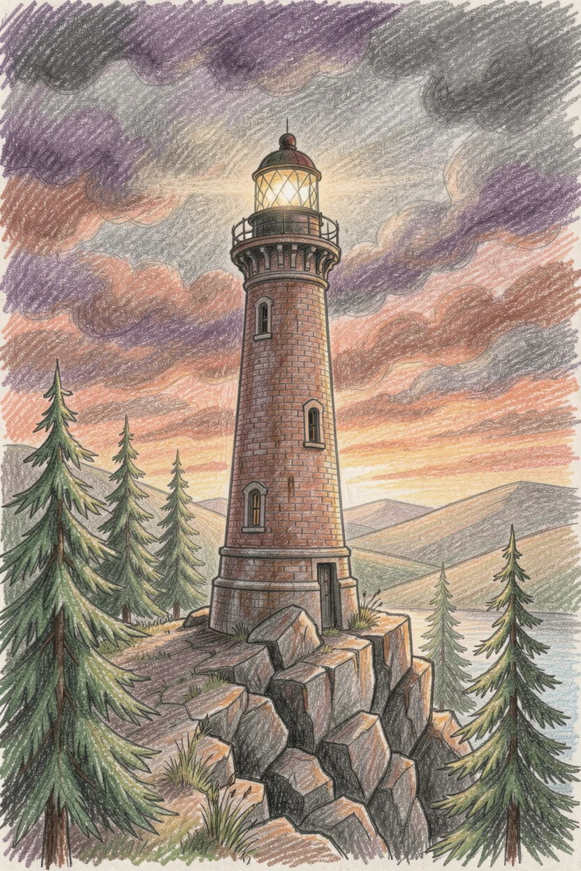 A lighthouse standing tall on a rocky point during a stormy sunset, framed by tall evergreens and distant rolling hills, radiating calm, restorative serenity.