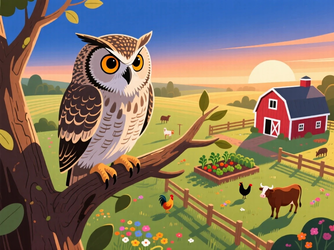 A wise old owl with large amber eyes perched on a branch, set within a peaceful farmyard at early morning, shown from above in a charming bird's-eye view, with vivid, richly saturated colors that pop.
