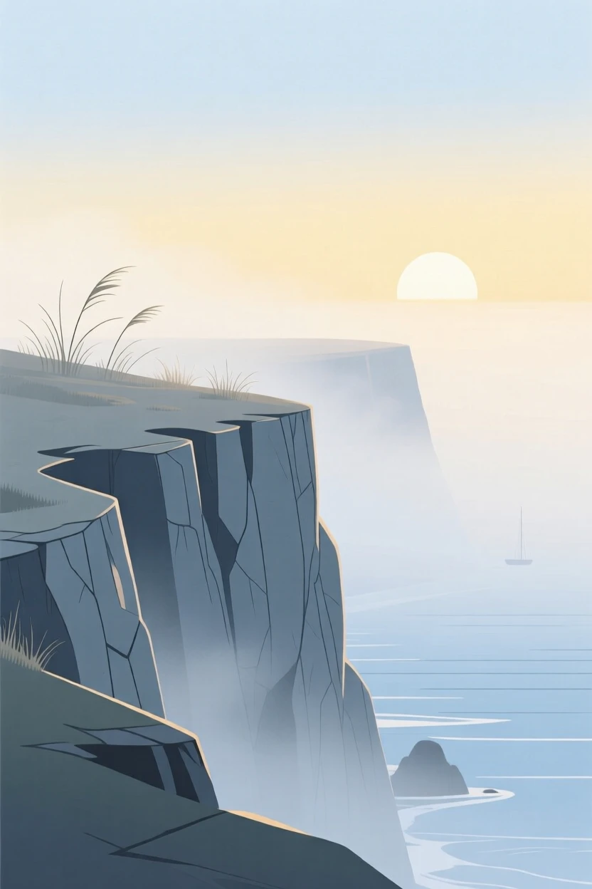 A misty coastal cliff at sunrise with soft light filtering through the rising mist.