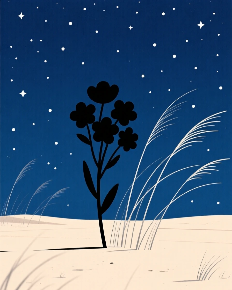 A field of wildflowers, silhouetted alone against a starlit desert, surrounded by tall grass bending in the wind, full of peaceful renewal.