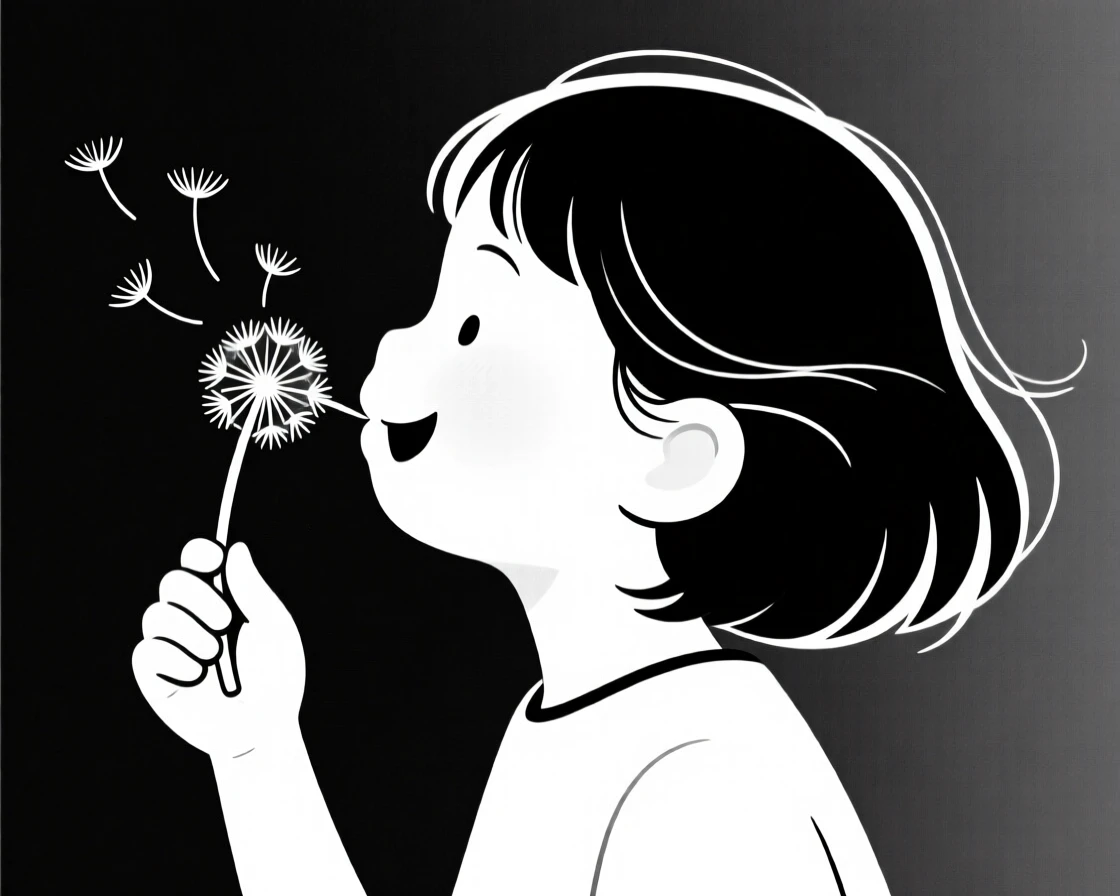 A child blowing a dandelion with a wide smile.