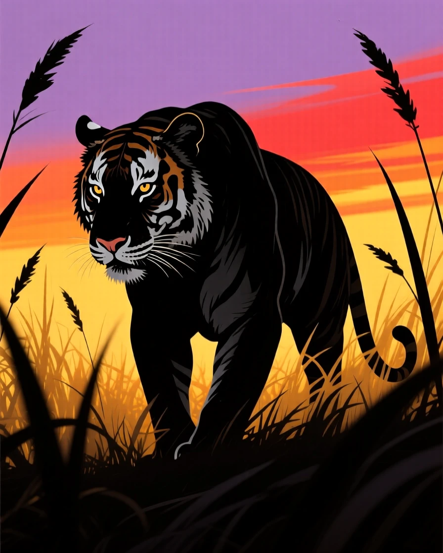 A tiger crouched low in tall golden grass, muscles coiled, eyes fixed on something unseen.