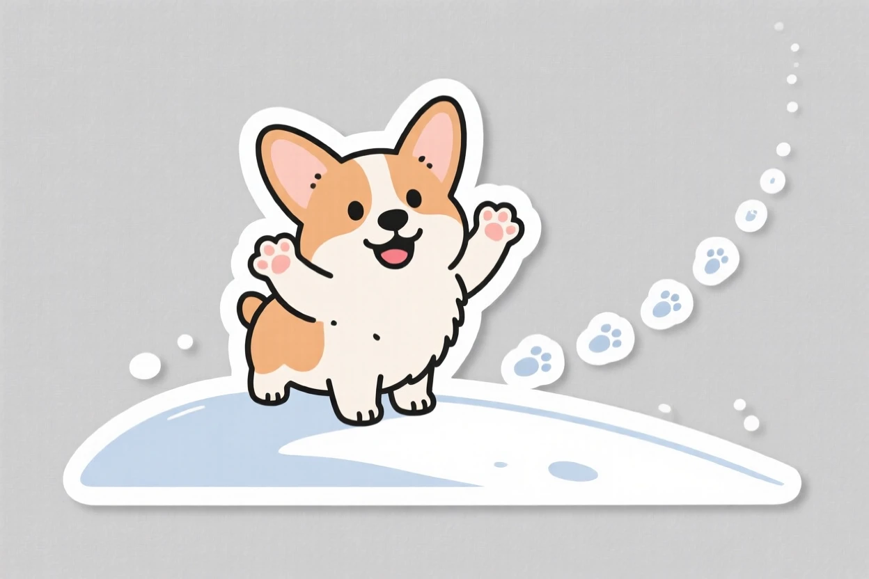 A gentle fluffy corgi puppy waving both paws happily, on a snowy hill with tiny footprints trailing behind.