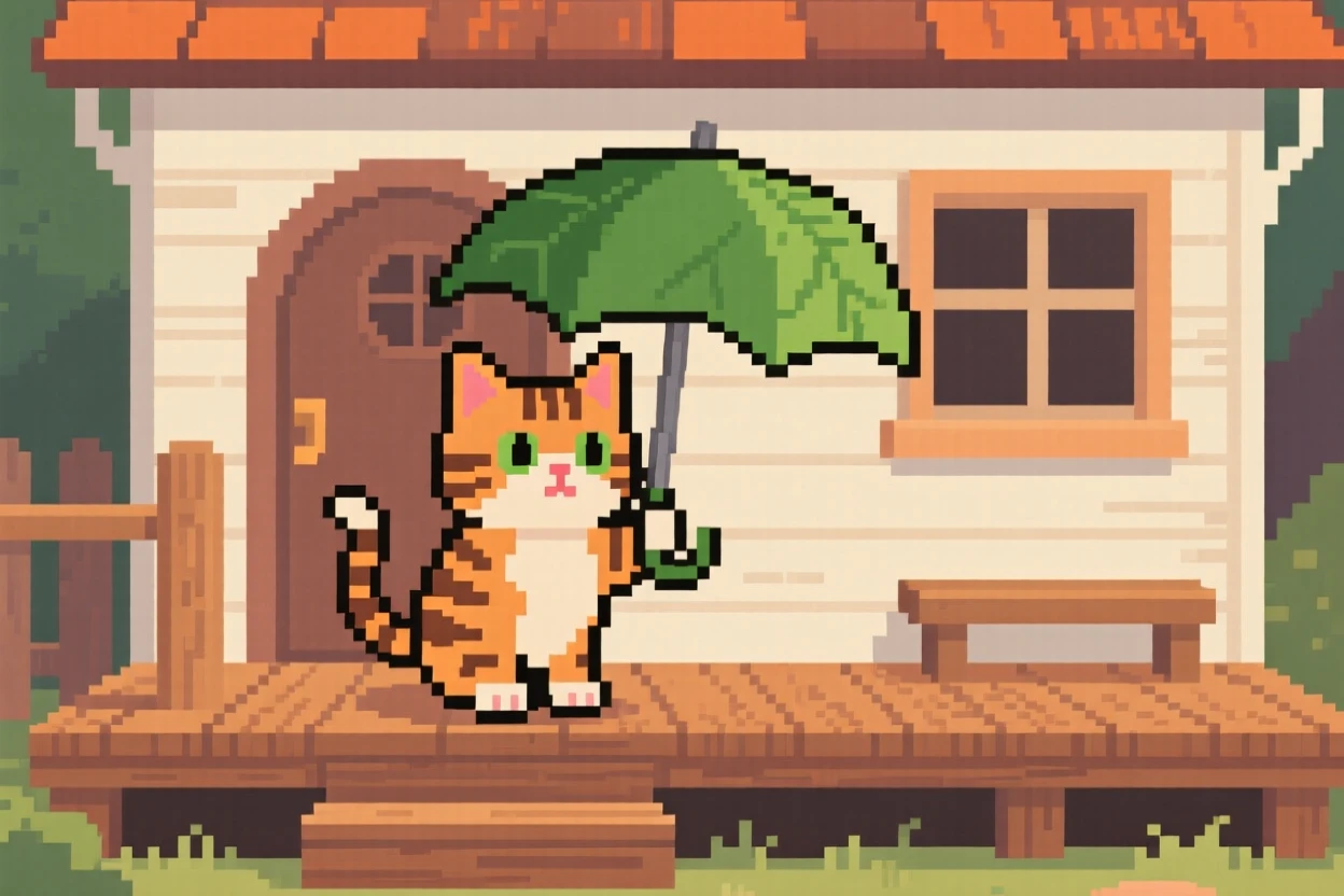 A tabby kitten carrying an umbrella made from a leaf, on the porch of a tiny cottage.