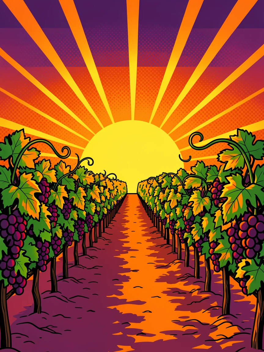 A vineyard rowed neatly beneath a lit autumn sunset