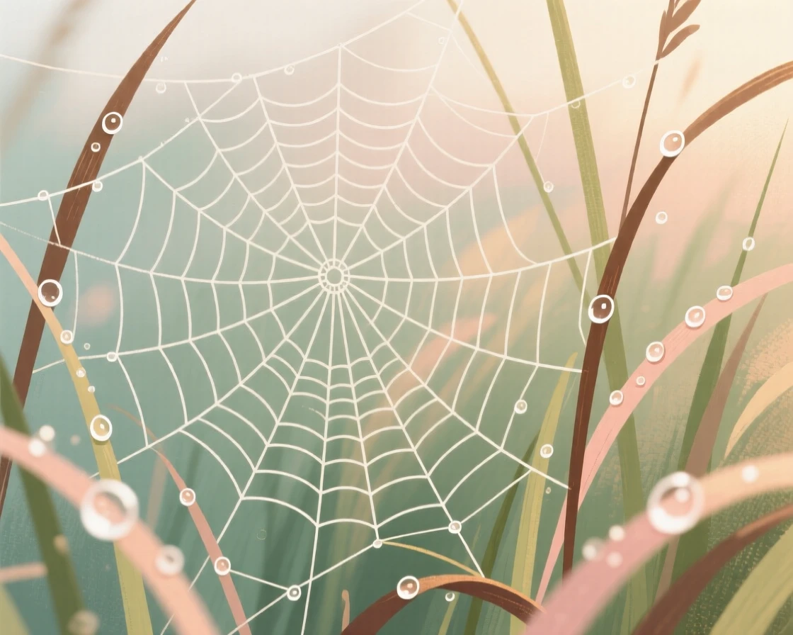 A close-up of morning dew glistening on a spider's web in grass