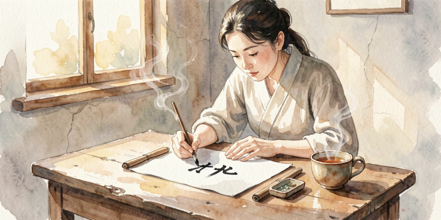 A woman practicing calligraphy at a wooden desk with a warm cup of tea nearby.