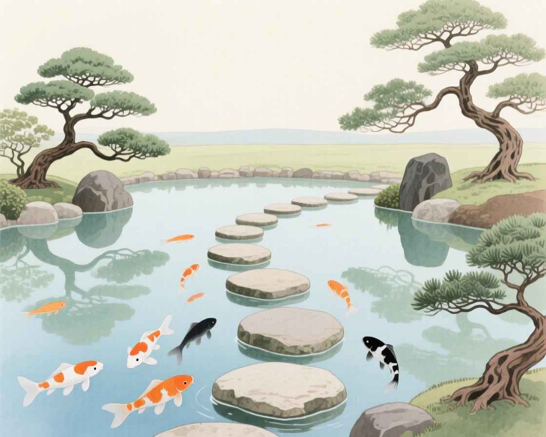 A path of stepping stones crosses a tranquil koi pond surrounded by manicured bonsai trees in a Zen garden