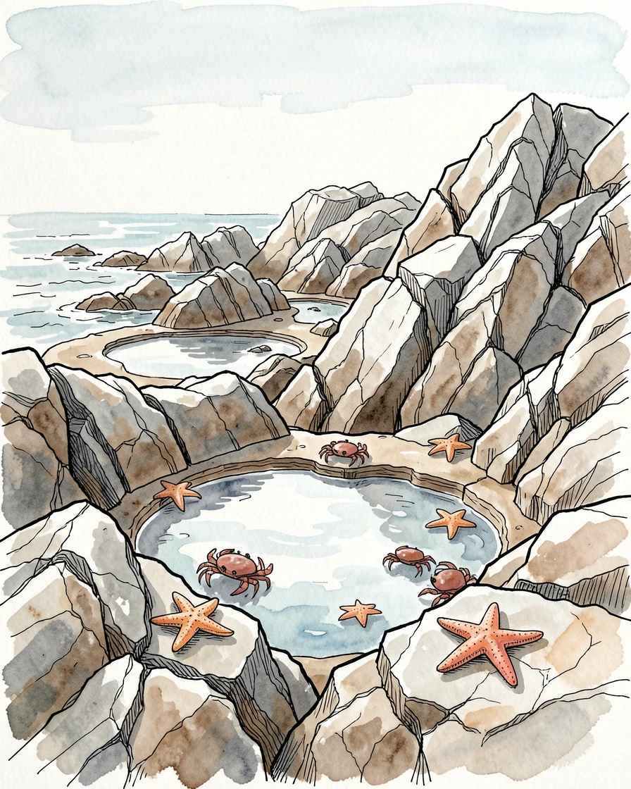 A rugged coastline with tide pools reflecting the sky, starfish and small crabs visible among the rocks