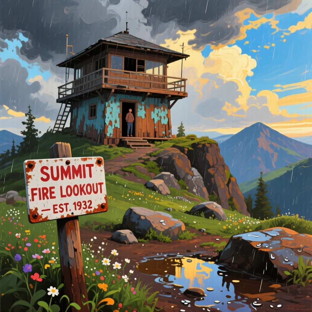 a weathered fire lookout on a remote summit, just after a summer storm, from an inviting eye-level viewpoint.