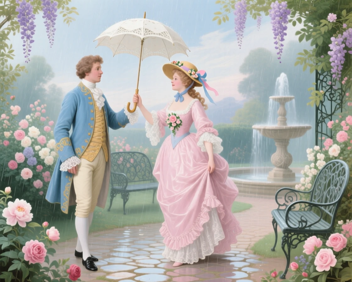 A young man offering an umbrella to a lady caught in a gentle spring shower  
