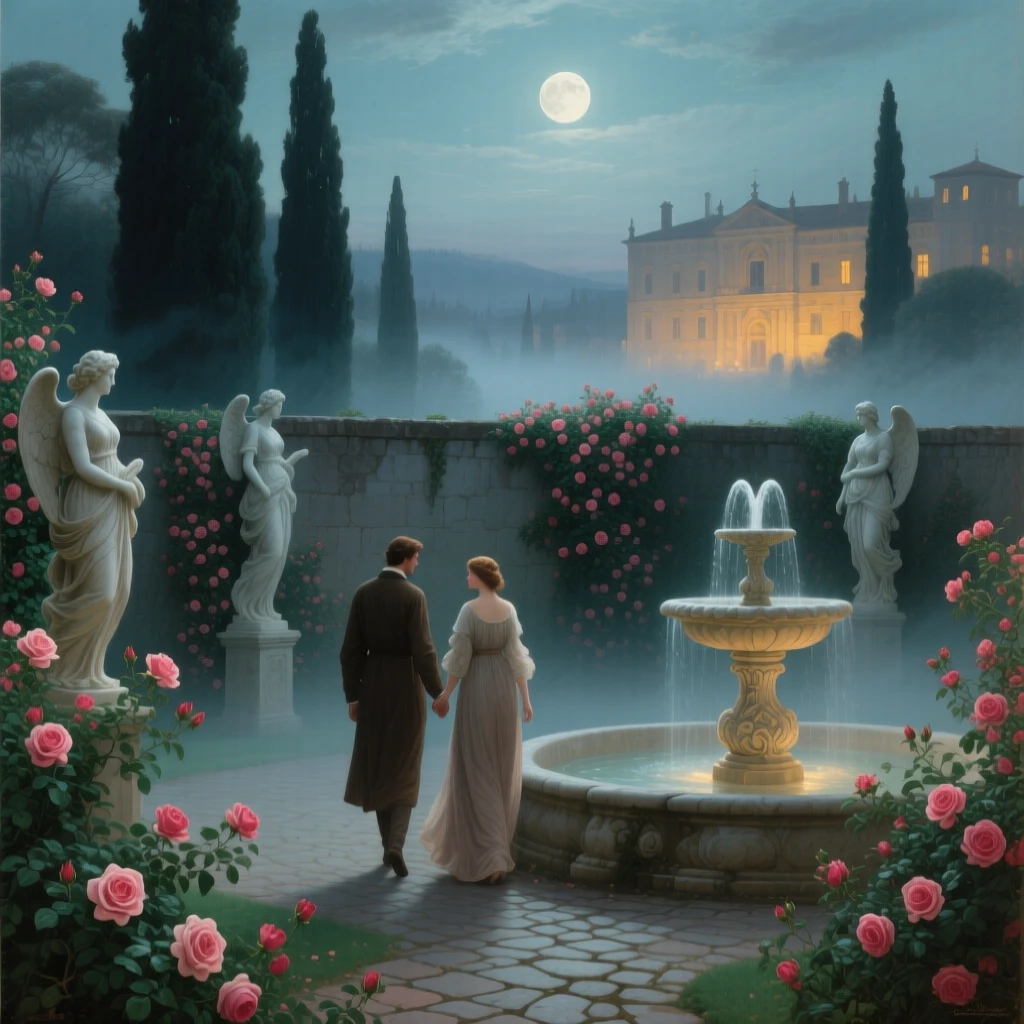 In a hush of fog, Two lovers in a moonlit walled garden, walking hand in hand beside a fountain, surrounded by climbing roses, marble statues, and a palace glowing beyond the cypress trees; only a few nearby details emerge sharply before fading into mystery, the scene invites the viewer to imagine what lies beyond.