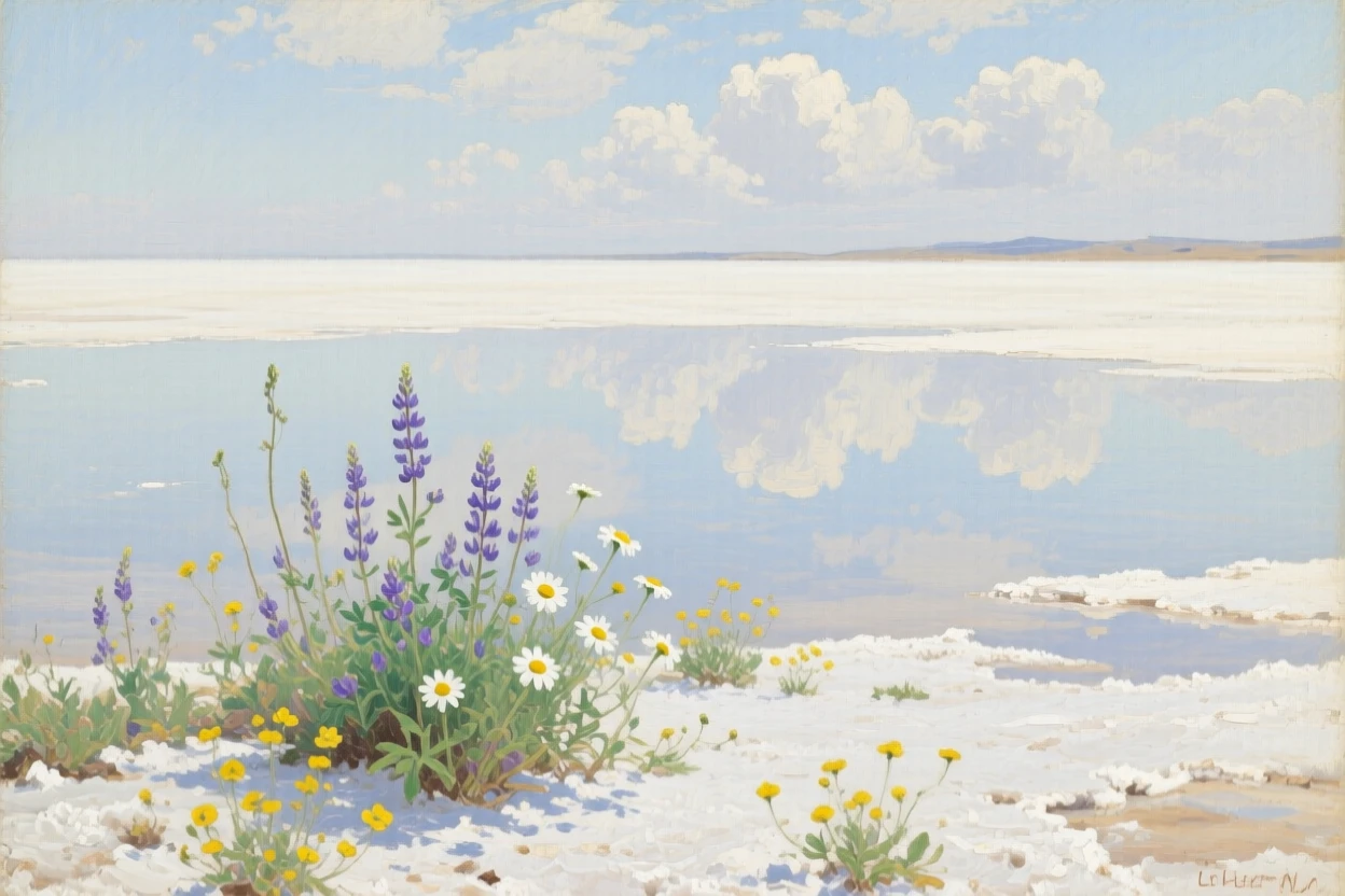 A mirror-like salt flat reflecting a perfect endless sky, with wildflowers scattered across the foreground, evoking a profound sense of scale, silence, and wonder