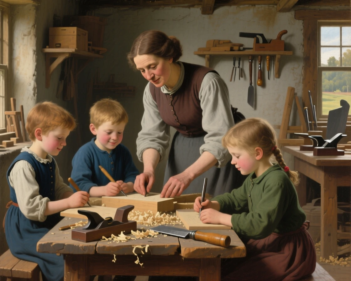 A schoolteacher patiently guiding a small classroom of children as warmth and community shine through humble work, set within a modest workshop filled with tools and warm light, with modest but well-tended surroundings speaking of quiet pride; a tight, intimate framing draws focus to hands and faces at work, capturing the timeless rhythm of rural and village life.