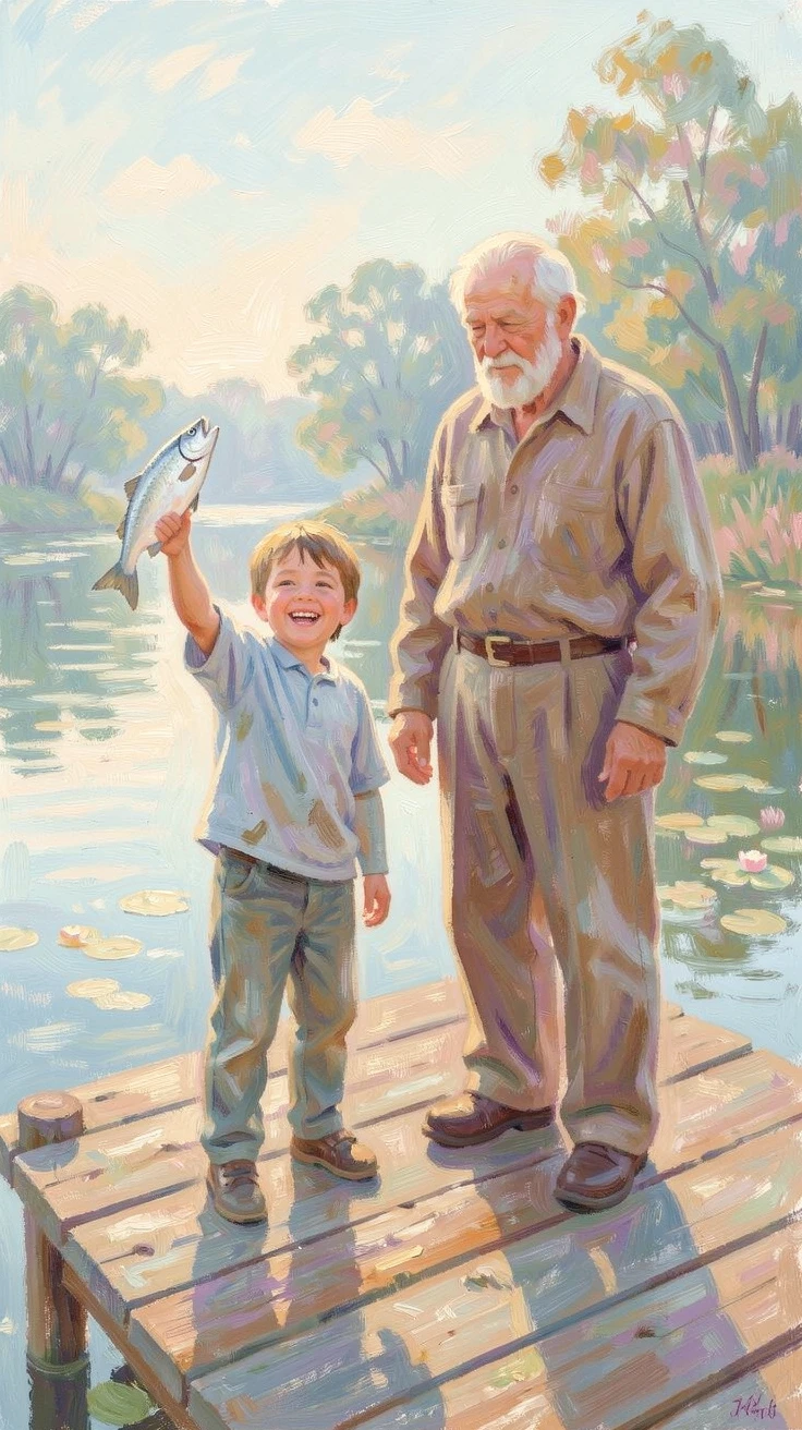 A young boy proudly holding up a fish he caught, grinning beside his grandfather on a quiet dock.