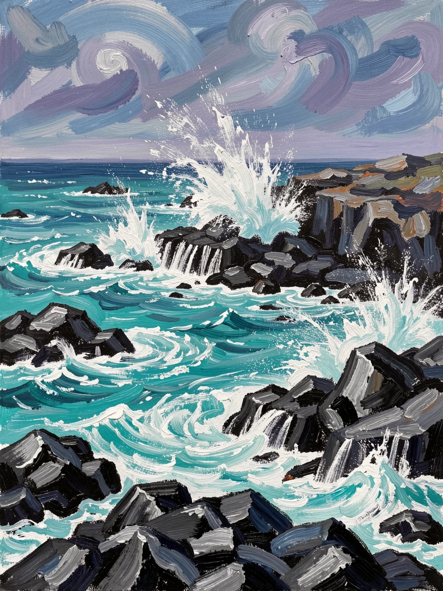 A rugged coastline where turquoise water meets black volcanic rock, spray bursting into the air.