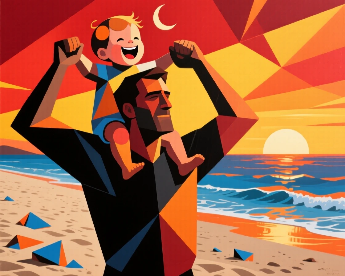 A father lifting his laughing toddler onto his shoulders on a sandy beach at sunset.