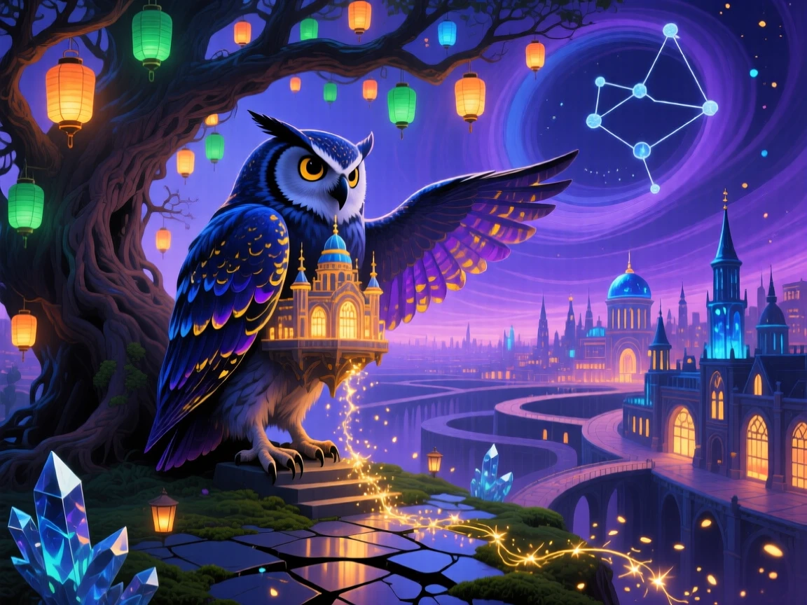 An owl with a tiny glowing city nestled between its wings pauses beneath a tree hung with glowing lanterns, while tiny sparks of light trail behind its every step.