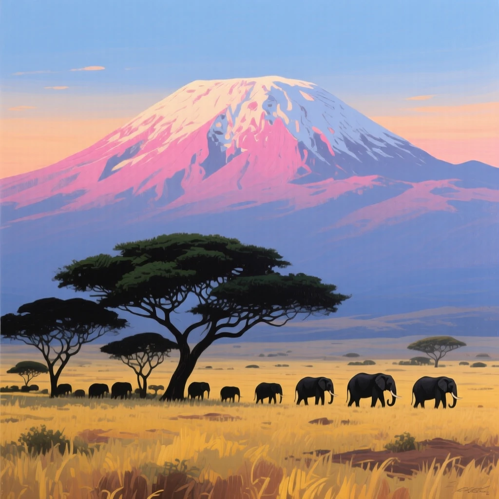 The volcanic peak of Mount Kilimanjaro rises above the African savanna at dawn, its snowy summit glowing pink, acacia trees silhouetted in the foreground, and a herd of elephants moving slowly across the grassland below.