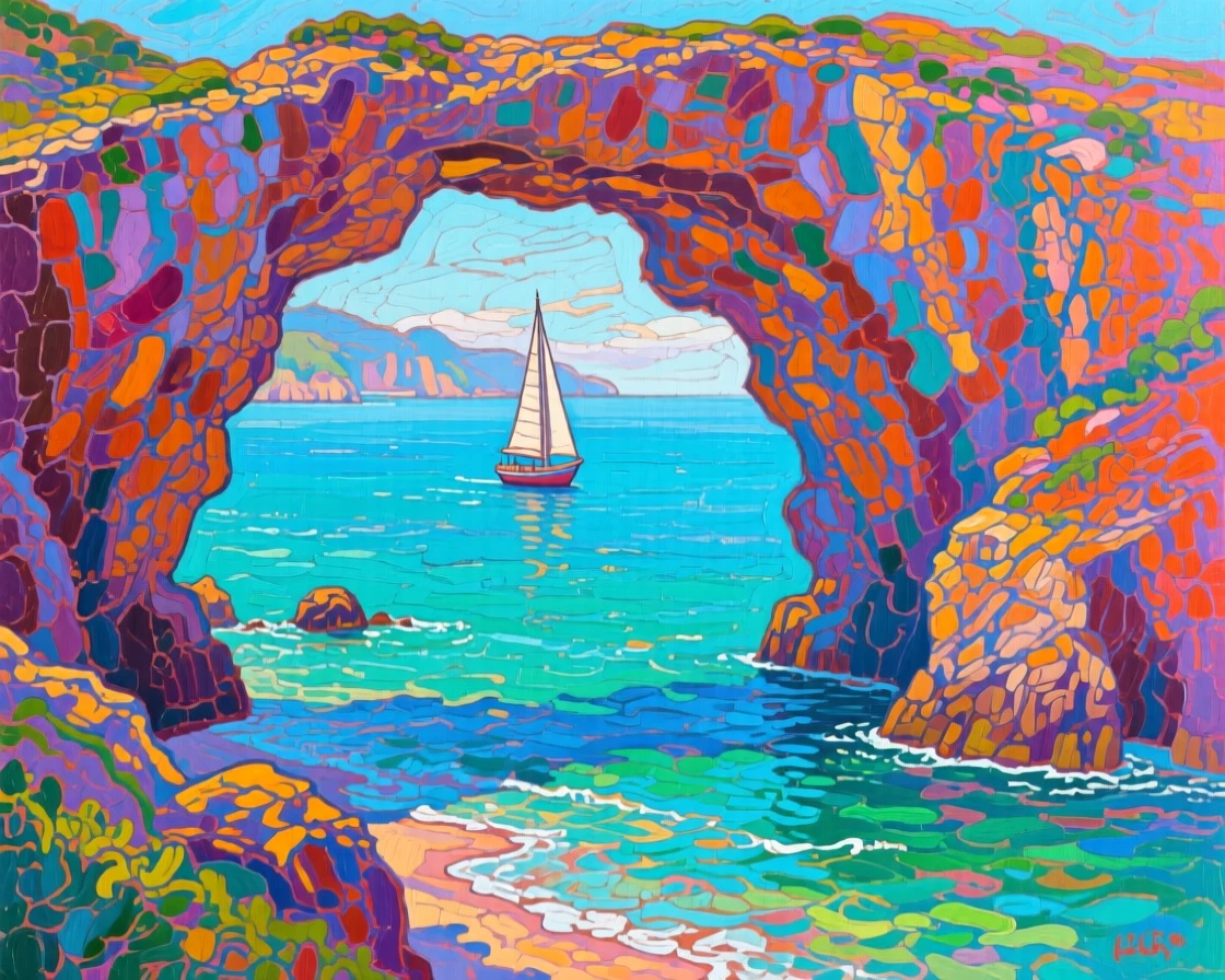 A dramatic coastline where a natural rock arch frames a distant sailboat on a calm turquoise sea