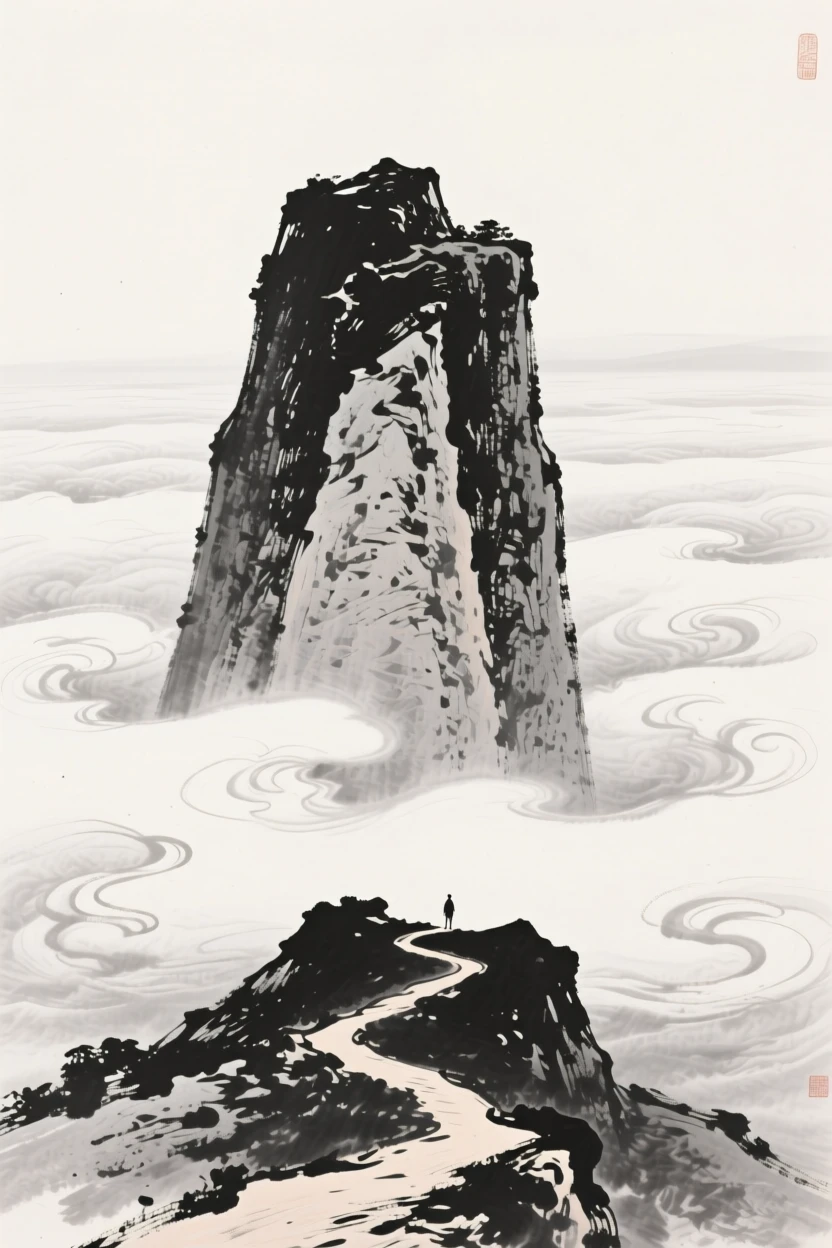 a solitary granite summit, rising above a sea of clouds, with a narrow footpath winding toward its base.
