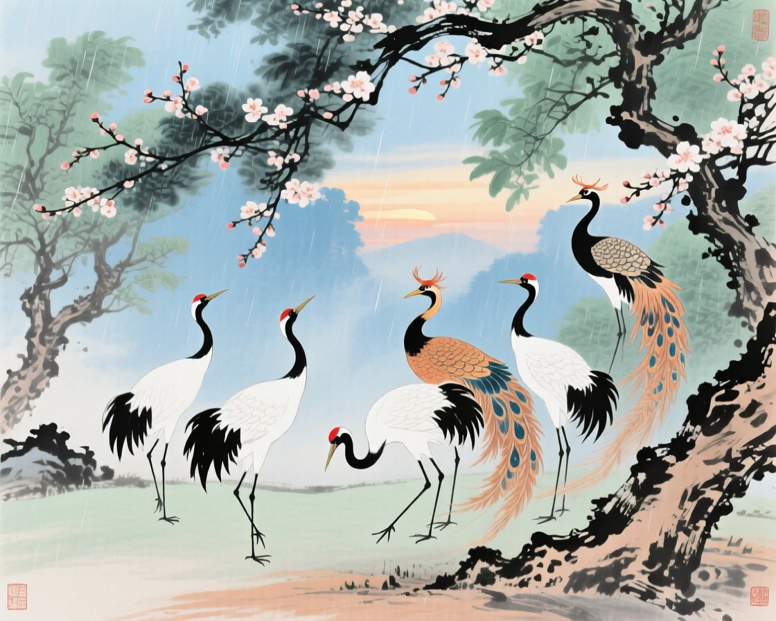 A heavenly garden where cranes and phoenixes gather beneath blossoming trees, in the quiet hour before sunrise, in a gentle drizzle.