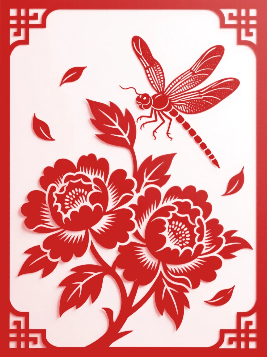 A cluster of peonies scattered with a few fallen petals on dark stone, while a dragonfly rests on a single leaf.