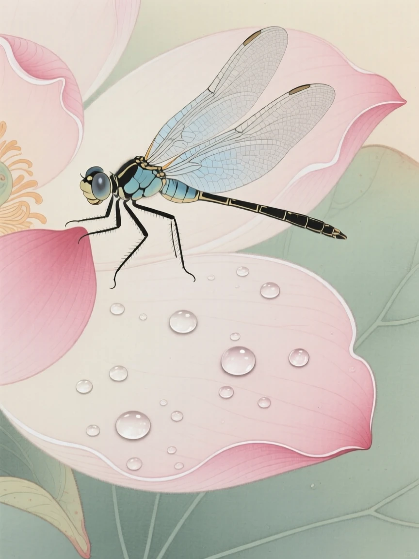 A dragonfly with translucent wings resting on a dew-covered peony petal