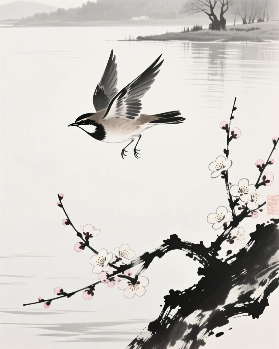 A nightingale taking flight over a still lake beside a blooming plum tree, captured mid-motion with wings outstretched, carrying a quiet, poetic stillness.