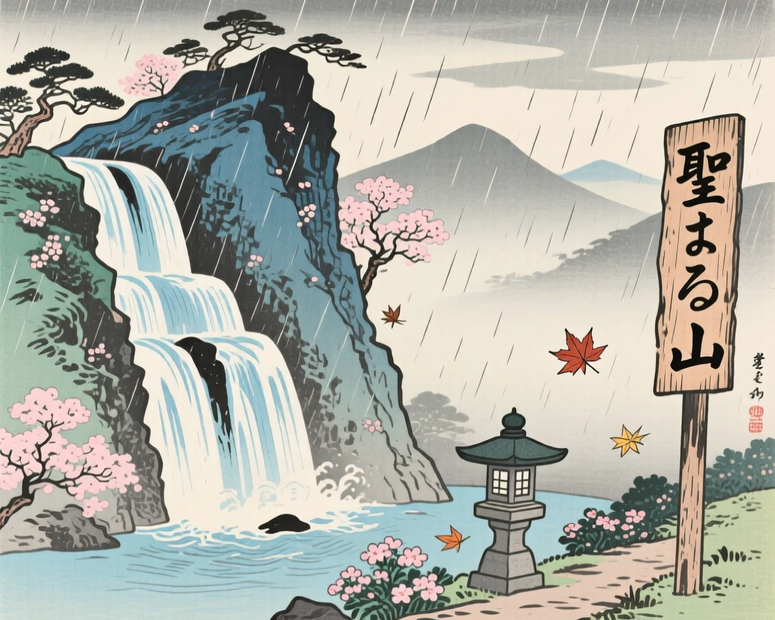 A sacred mountain crag, beside a cascading waterfall, during a gentle spring rain.