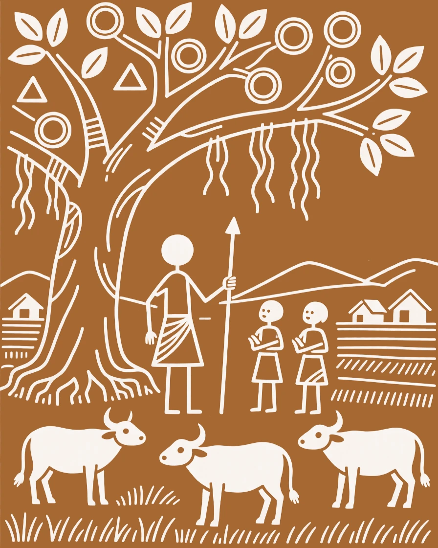 A cattle herder teaching younger villagers an old custom beneath a large banyan tree.