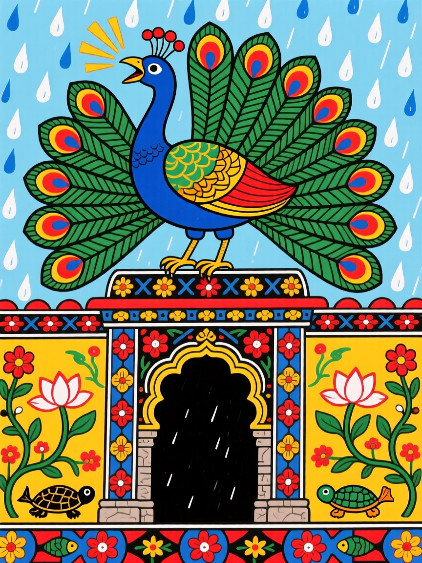A peacock calling out atop a temple wall as rain begins to fall.
