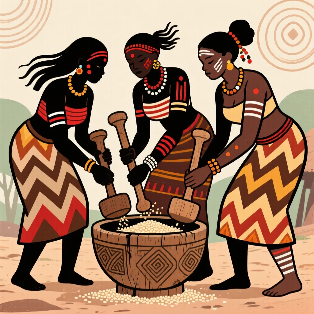 A group of women pounding grain in rhythmic unison.