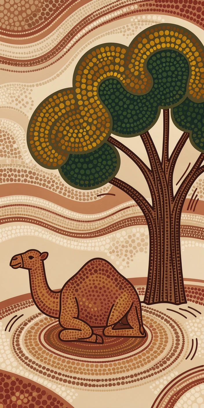 A camel resting beneath a shady tree