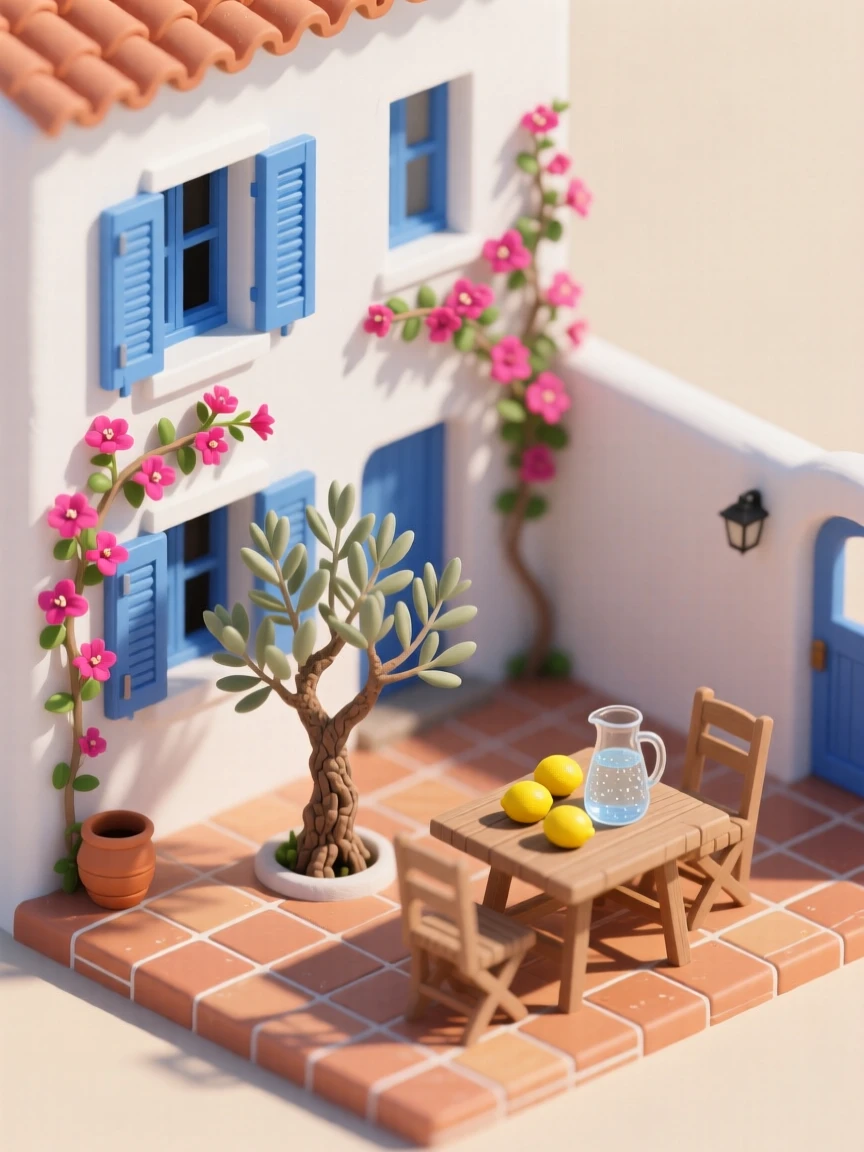 A Mediterranean whitewashed villa with blue shutters, bougainvillea climbing the walls, a terracotta-tiled courtyard with an olive tree, and a table set with lemons and a pitcher of water.