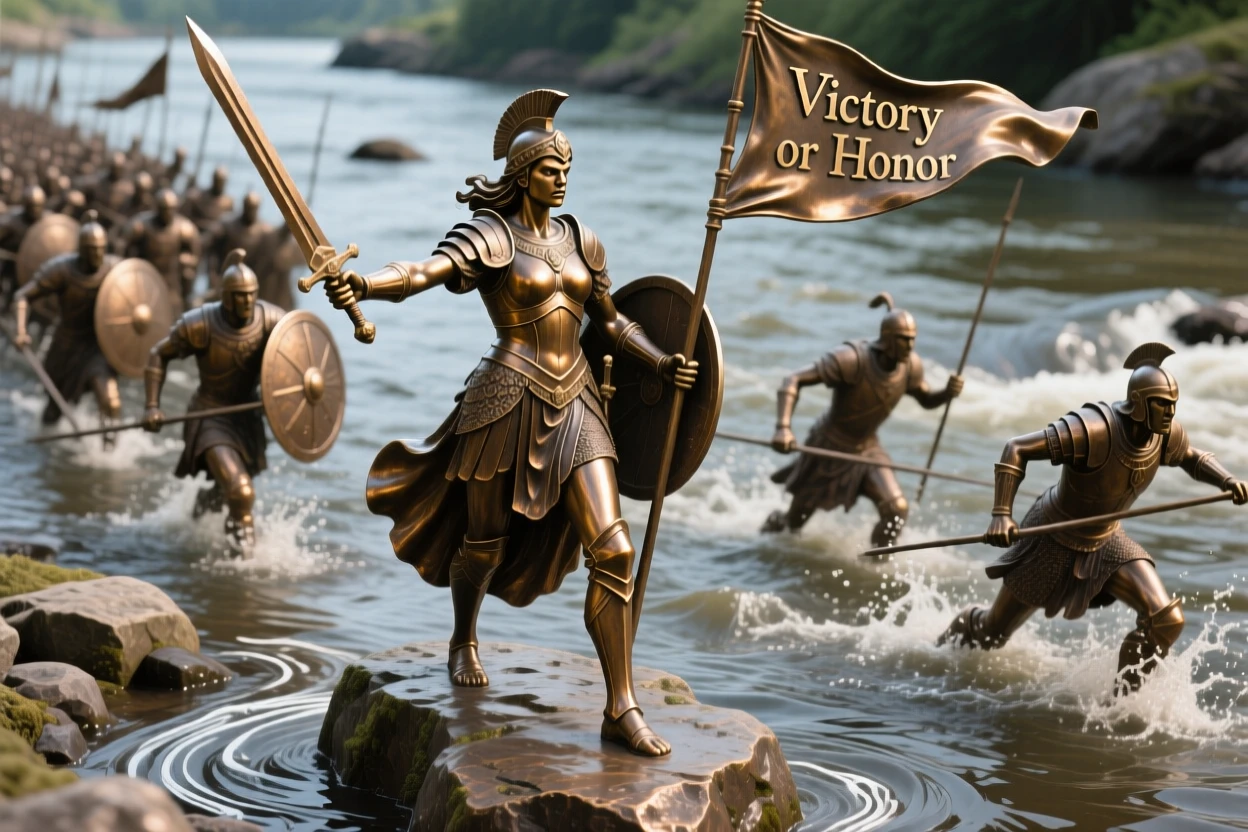 A warrior queen leading her army across a river, in a moment of pure emotion, forming a strong central focal point
